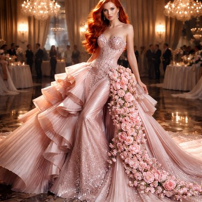 Photorealistic High Fashion Style, Cinematic Lighting, a breathtaking woman with long, flowing, vibrant red hair cascading over her shoulders. She is wearing an architectural and avant-garde pink ballroom gown. The dress features a shimmering, form-fitting corset bodice adorned with delicate floral embroidery, and an extraordinary, voluminous skirt made of massive, sharp fan-like pleats and sculptural ruffled layers. Cascading pink roses and cherry blossoms trail beautifully down the side of the skirt and onto a long, sparkling train. She stands in the center of a magnificent, opulent grand ballroom with high ceilings, giant glowing crystal chandeliers, and a polished marble floor that reflects the light. The atmosphere is regal and luxurious, with a soft-focus background of other guests in formal attire. Focus on the intricate texture of the pleated fabric, the glitter of the dress, and the striking contrast of her red hair against the soft pink gown.