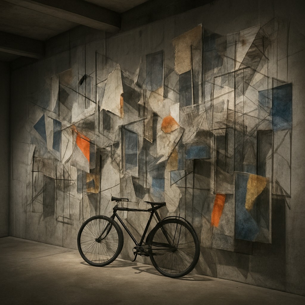 bicyle resting against a wall
