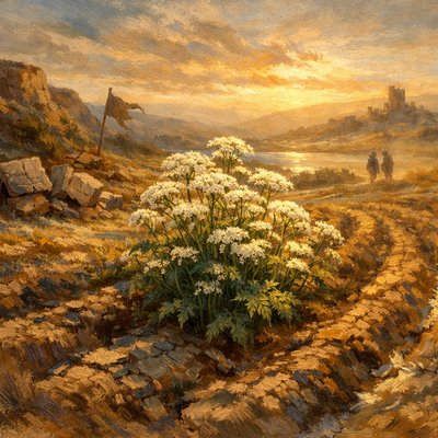 Express this without words focusing on hemlock as the central portion. “They have spoken words, swearing falsely in making a covenant: thus judgment springeth up as hemlock in the furrows of the field.” (Hosea 10:4, KJV)
