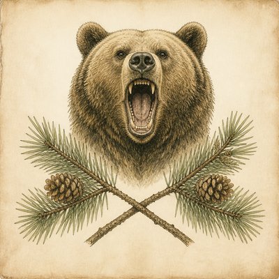 a roaring bear head above crossed pine branches, bold graphic composition on a plain background, no text