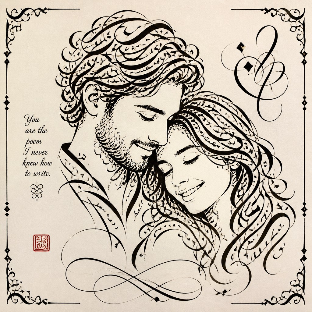 portrait of two people together — Calligraphy Art Style