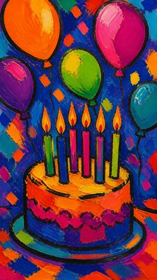 a birthday cake with lit candles surrounded by balloons and confetti, festive vertical composition, no text