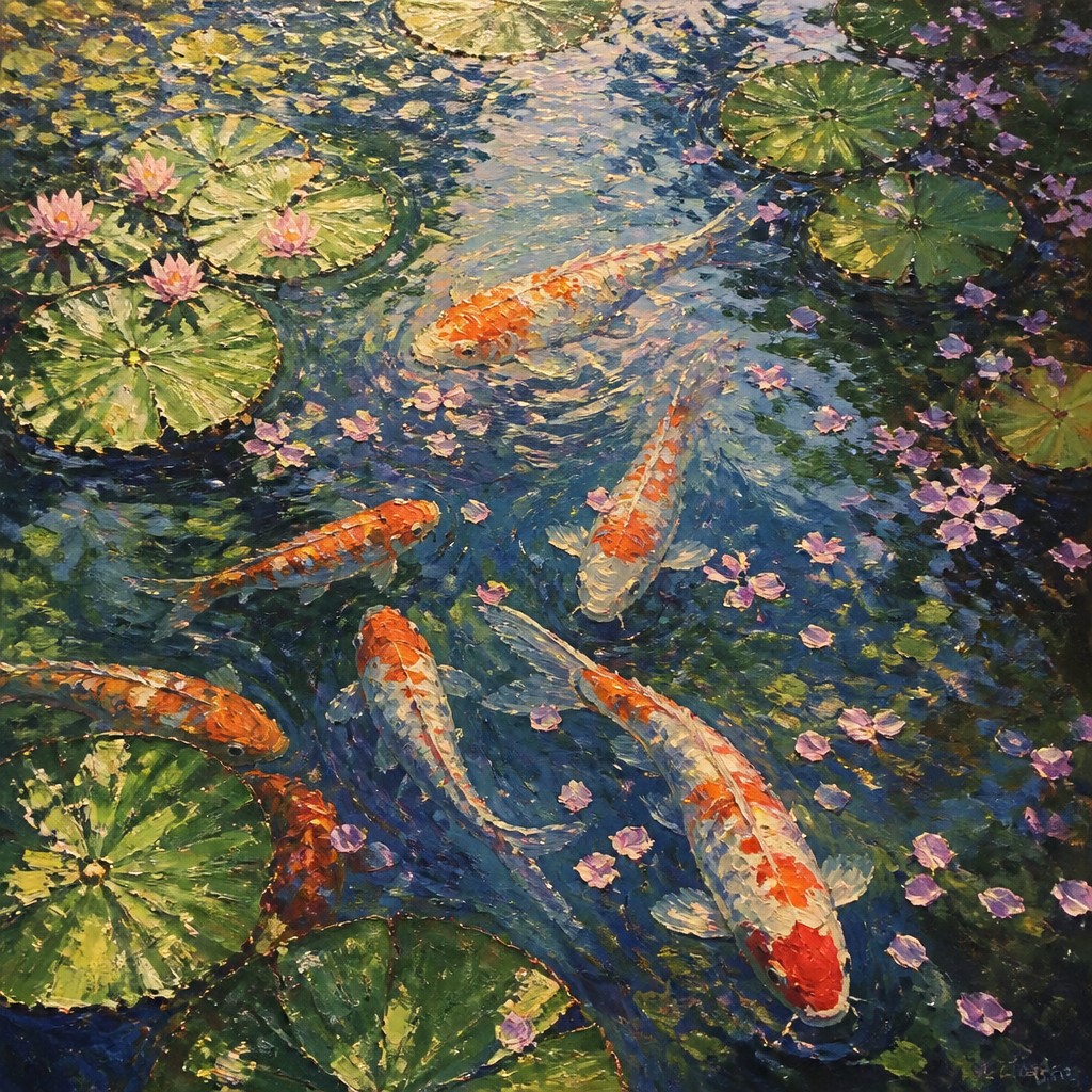 A koi pond seen from above, orange and white koi fish swimming among lily pads, clear water with subtle ripples, fallen cherry blossom petals floating on the surface, dappled sunlight