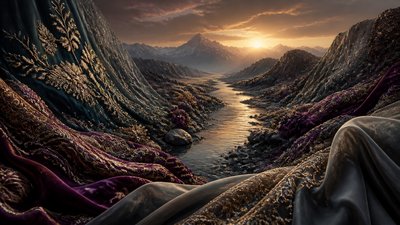 a vast valley with a river winding toward distant mountains at sunrise, no people, no text