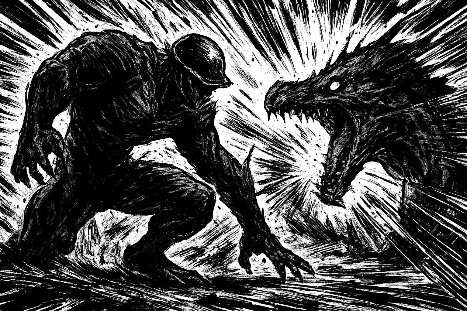 a black and white drawing of a monster attacking a man