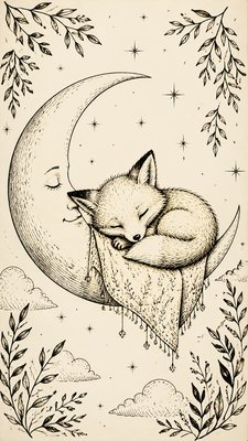 a sleeping baby fox curled on a crescent moon among soft stars, gentle and warm, no text