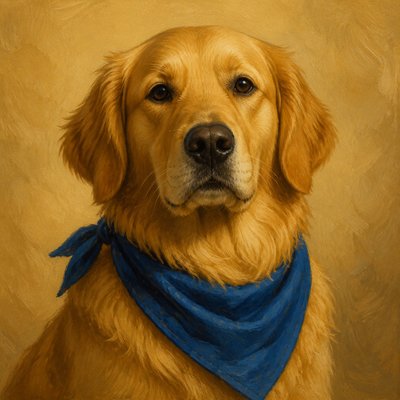 portrait of a golden retriever wearing a blue bandana, warm plain backdrop, no text