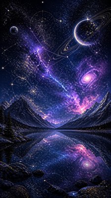 a tranquil mountain lake beneath a starry night sky, no people, no text
