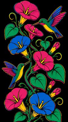 a climbing vine of flowers and hummingbirds on a dark background, tall wrapping composition, no text