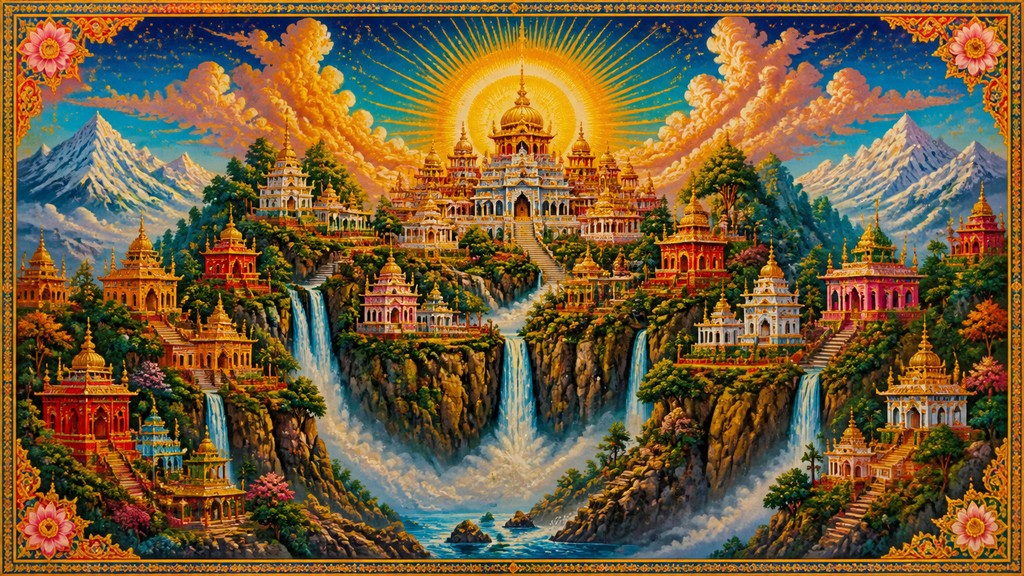 a cliffside city with waterfalls cascading into a misty canyon, wide establishing shot, no people, no text