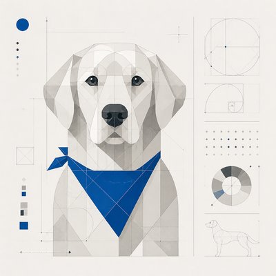 portrait of a golden retriever wearing a blue bandana, warm plain backdrop, no text