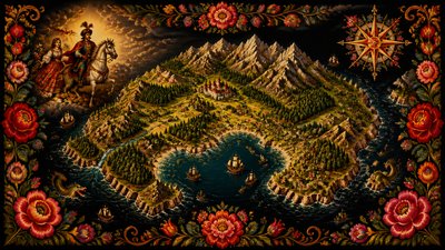 a map of an island realm with mountains, forests, a sheltered bay, sea monsters in the water and a compass rose, no text labels