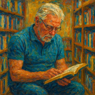 a painting of a man reading a book in a library