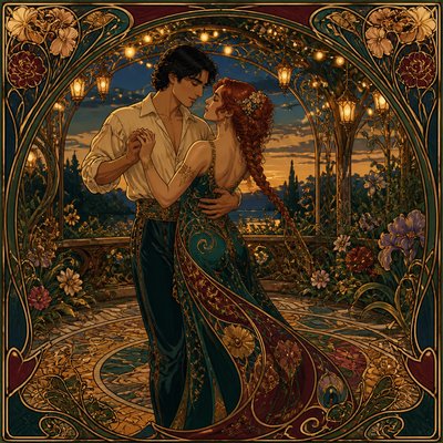 an original couple dancing under string lights in a garden at dusk: a man with short black hair in a linen shirt and a woman with braided red hair in a summer dress
