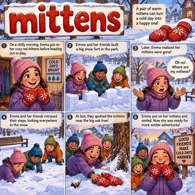 Create an image for the spelling word: "mittens". please prominently feature the word in the image as well as create the narrative.