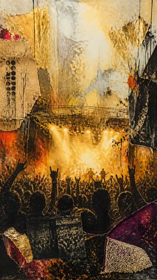 a live music scene with a glowing stage and silhouetted crowd, energetic vertical composition with open space at the top, no text
