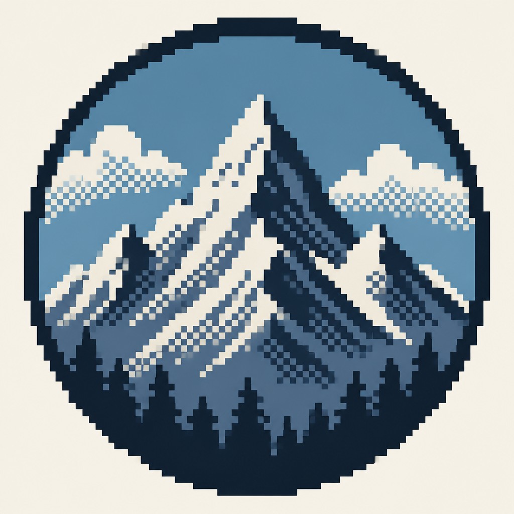 an emblem of a mountain peak inside a circle, simple bold shapes on a plain background, no text or lettering