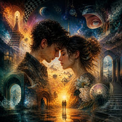 portrait of two people together — Surrealist Landscape Art Style