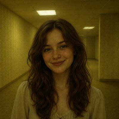 head-and-shoulders portrait of an original character: a young woman with wavy chestnut hair and a warm smile, plain soft backdrop