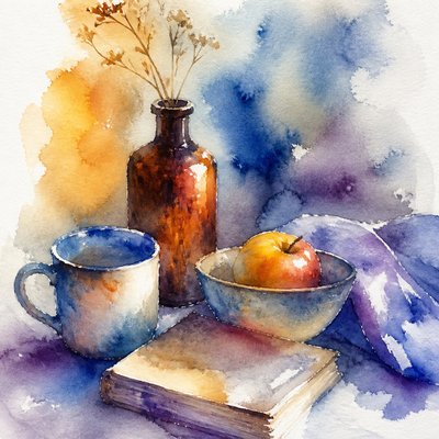still life with everyday objects — Wet-on-Wet Watercolor Style
