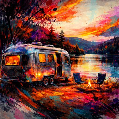 Create a digital painting of an Airstream trailer being camping beside a lake in a vibrant, abstract expressionist style, featuring bold, smooth gradients and painterly brushstrokes. Use a striking color palette with rich, contrasting hues against a textured, muted background. Incorporate splashes and rough textures for a modern, dramatic effect, with a minimalist yet stylized composition.