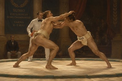 a painting of two sumo wrestlers in a ring