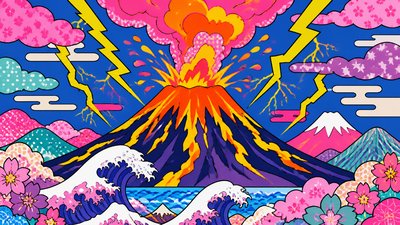 an erupting volcano with lightning strikes, dramatic wide composition, no text