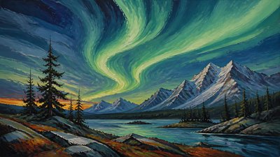 a flowing aurora over snowy peaks, wide sweeping composition, no people, no text