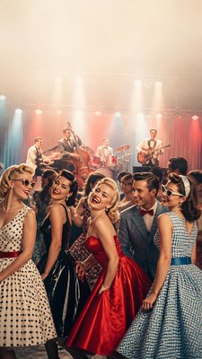 a live music scene with a glowing stage and silhouetted crowd, energetic vertical composition with open space at the top, no text