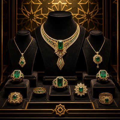 A jewelry store display, featuring a collection of gold necklaces and rings with emerald and diamond stones, arranged symmetrically on dark velvet. The background shows a subtle, gold eight-pointed star pattern inspired by Islamic geometric art. Illuminated by warm, dramatic studio light creating a soft glow. Art Deco Jewelry Design, 8k, highly detailed, luxurious, respectful.