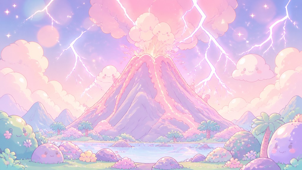 an erupting volcano with lightning strikes, dramatic wide composition, no text
