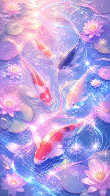 a koi pond with lily pads seen from above, no people