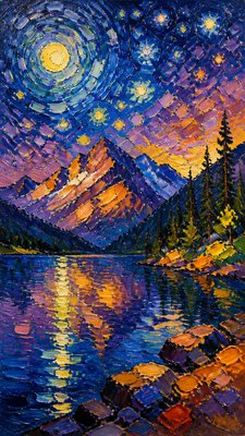 a tranquil mountain lake beneath a starry night sky, no people, no text