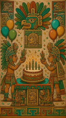 a birthday cake with lit candles surrounded by balloons and confetti, festive vertical composition, no text