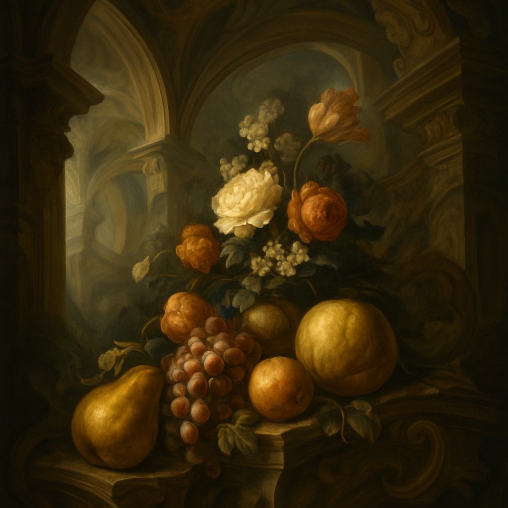 still life arrangement of fruits and flowers