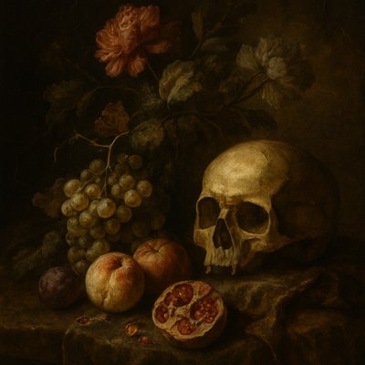 still life arrangement of fruits and flowers
