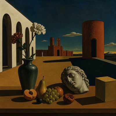 still life arrangement of fruits and flowers