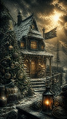 a snow-covered cottage with warm glowing windows beside a decorated pine tree, gentle snowfall, no text