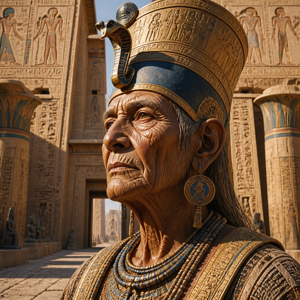 close-up portrait of an elderly person with expressive weathered features — Ancient Egyptian Architecture