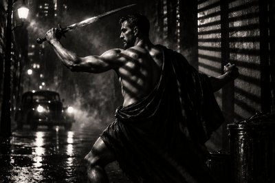 a man with a sword standing in the rain