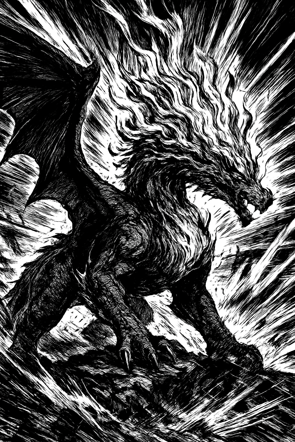 a black and white drawing of a dragon
