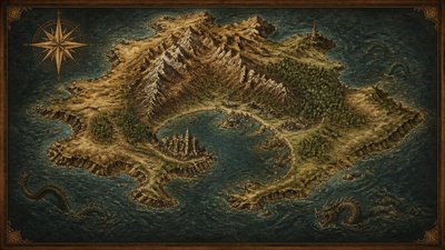 a map of an island realm with mountains, forests, a sheltered bay, sea monsters in the water and a compass rose, no text labels