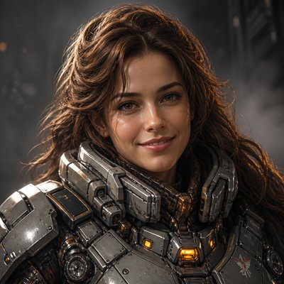 head-and-shoulders portrait of an original character: a young woman with wavy chestnut hair and a warm smile, plain soft backdrop
