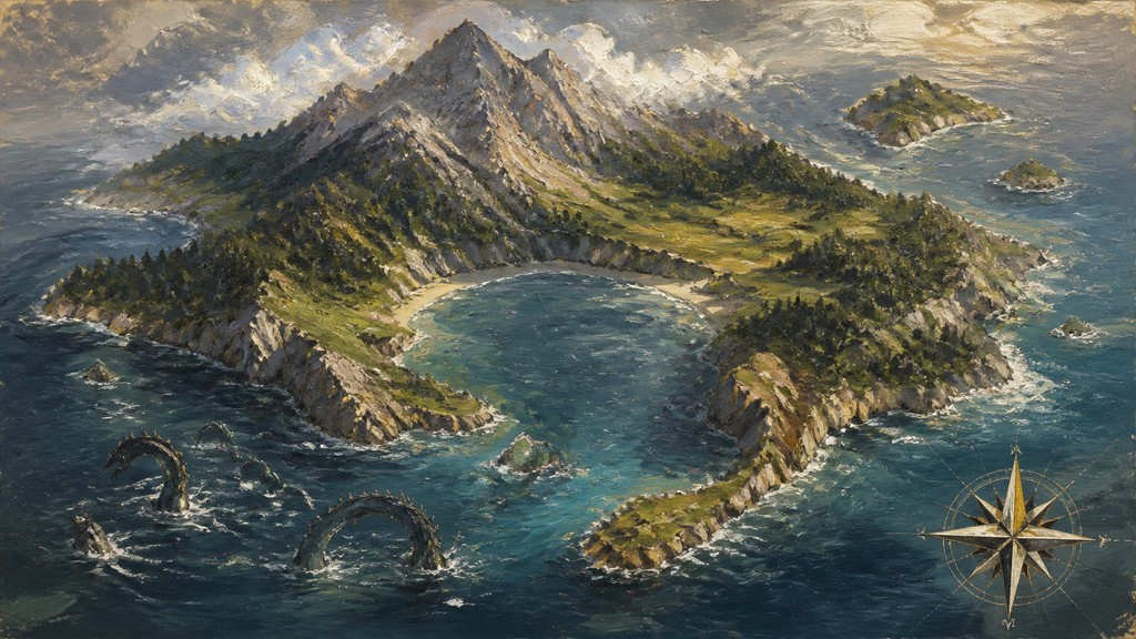 a map of an island realm with mountains, forests, a sheltered bay, sea monsters in the water and a compass rose, no text labels