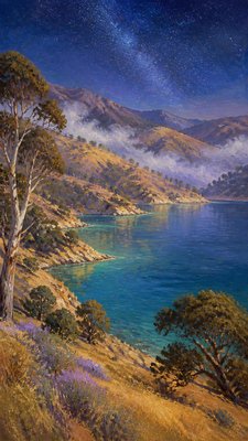a tranquil mountain lake beneath a starry night sky, no people, no text