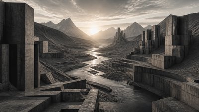 a vast valley with a river winding toward distant mountains at sunrise, no people, no text