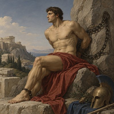 ancient greek athlete chained to a rock