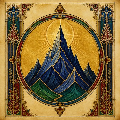 an emblem of a mountain peak inside a circle, simple bold shapes on a plain background, no text or lettering