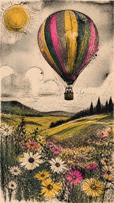 a hot air balloon drifting over rolling flower fields on a sunny day, cheerful, no text