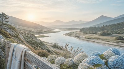 a vast valley with a river winding toward distant mountains at sunrise, no people, no text